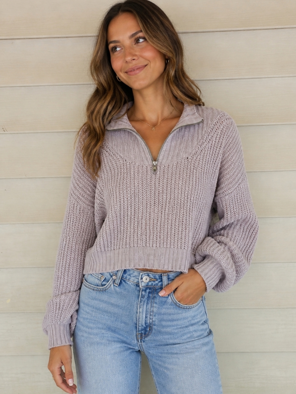 Derek Heart Light Beige Half-Zip Cropped Knit Sweater